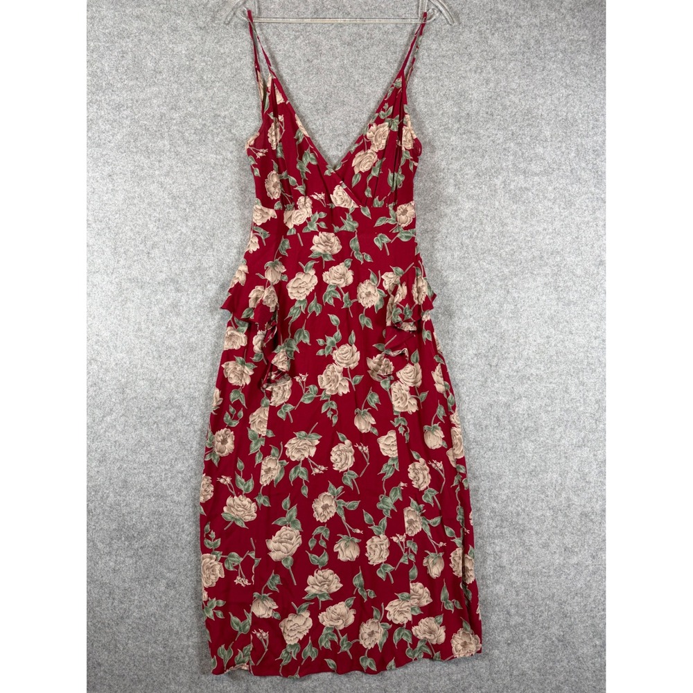 Flynn Skye Midi Dress Womens Small Red Floral Excellent Peplum V-Neck Rayon